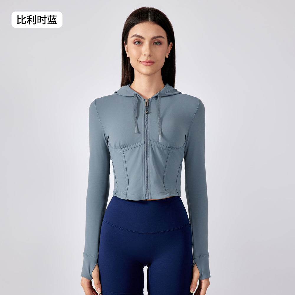 New women's outdoor sports & fitness apparel: slim-fit, short yoga jacket with hood and drawstring – daw184