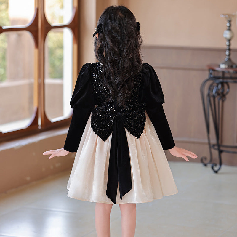 Girls' hepburn-style dress, fleece-lined, baby's birthday dress, stylish sequin patchwork, cross-border children's princess dress, in stock