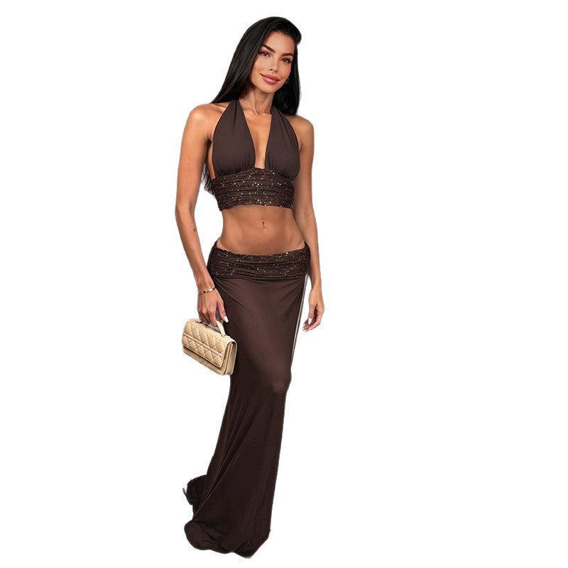 Aliexpress  summer new sexy deep v halter neck tie-up crop top with sequined low-rise midi skirt set