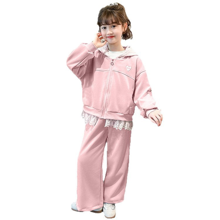 Girls' spring outfit : new stylish casual sporty lace-trimmed hooded jacket two-piece set for spring and autumn