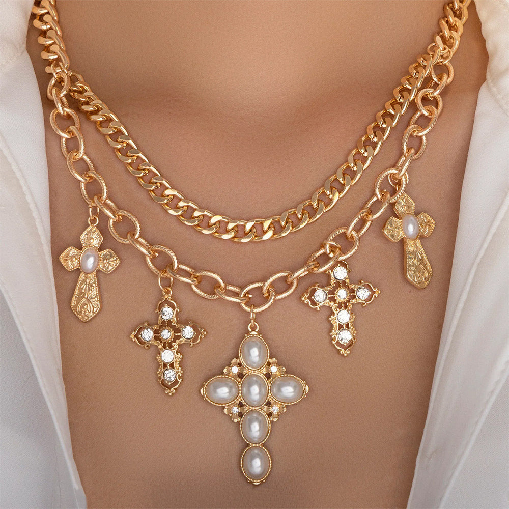Punk imitation pearl necklace wholesale european and american cross-border multi-layer cross pendant accessible luxury high-end sense of stacking clavicle chain