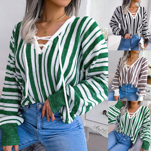 ins wind real shot autumn and winter European and American contrasting colors striped straps lantern sleeves pullover sweater,   women's clothing