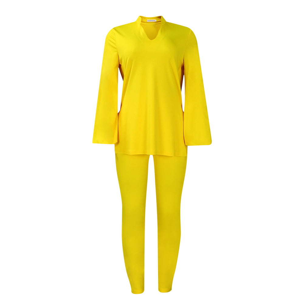 D535 women's foreign trade outfit:  autumn/winter fashion, solid color plus size v-neck long sleeve top and pants african style set
