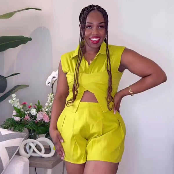 European and American new solid color niche design sense kink polo collar sleeveless shirt African casual shorts women's suit