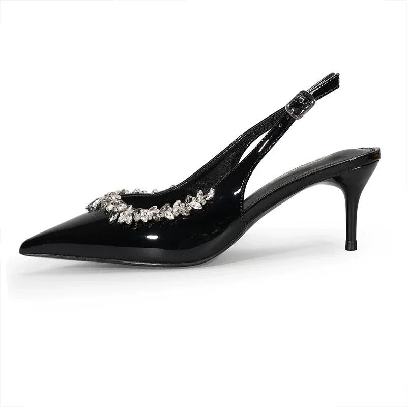 Wo chain rhinestone high heels women's stiletto pointed toe elegantfrenchflats one-piece patent leather toe sandals banquet
