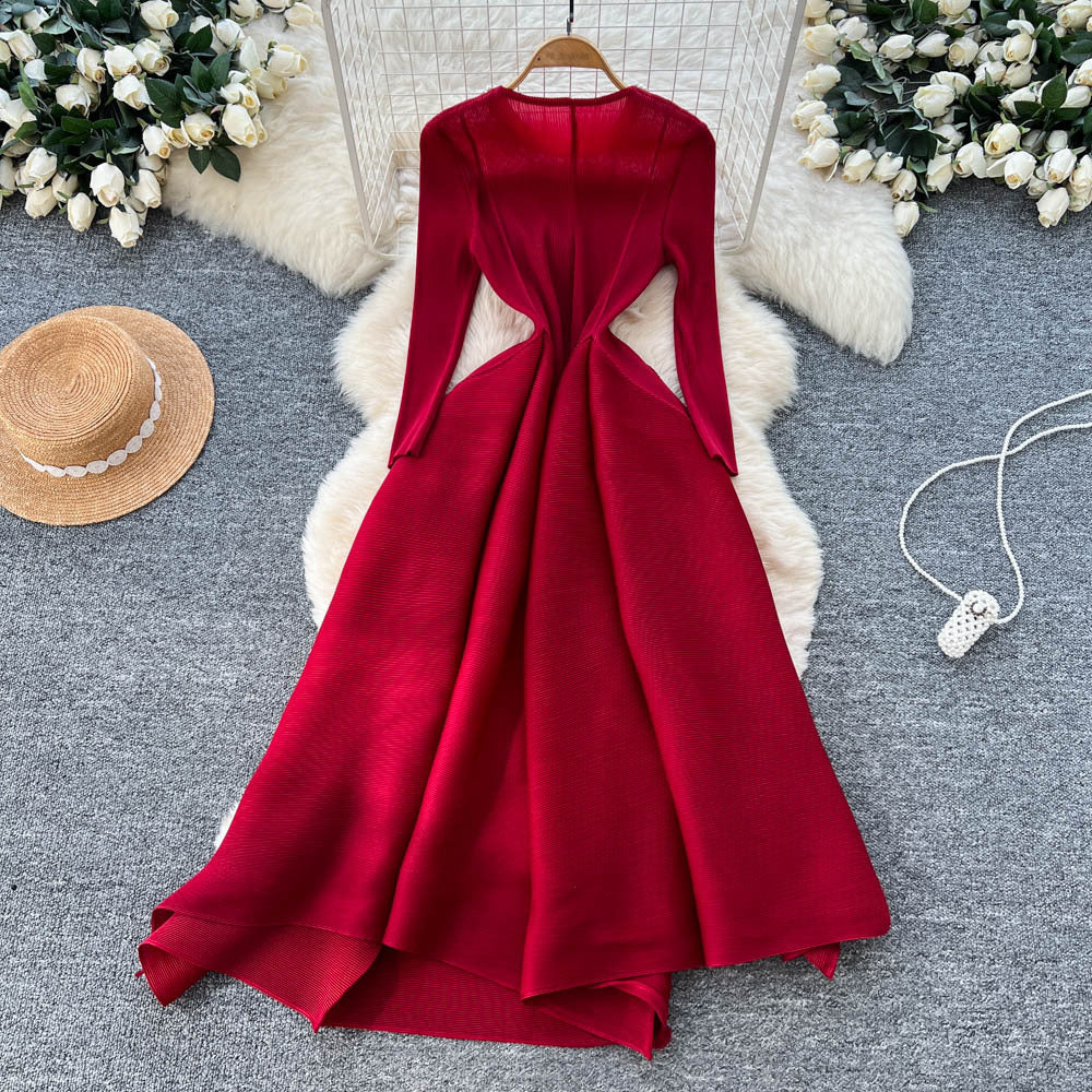 Miya european and american dress women's  autumn fashion beaded round neck long sleeve waist slimmingelegant pleated long skirt