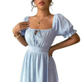 spring women's fashion: european and american fresh & elegant lace-up square neck dress - youthful, backless, ruffle sleeve french style dress
