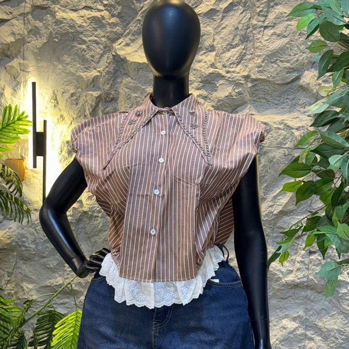 European and american cross-border women's fashion:  summer new arrivals - trendy striped, beaded, and patchwork design short-sleeve shirt