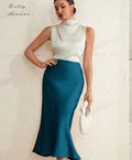 spring new european and american style satin bodycon midi skirt - solid color satin fitted mermaid skirt