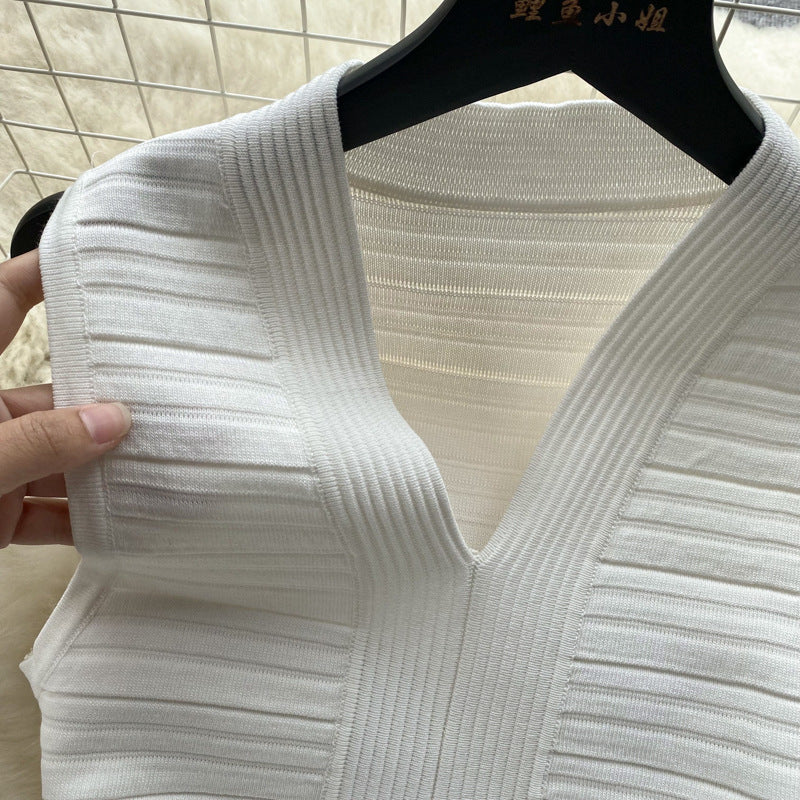 Sleeveless knit tank dress - women's summer lightweight v-neck pleated design, light luxury, slim fit, bodycon mini dress