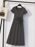 Japanese and korean lazy style asymmetrical square neck design gray dressfrenchclassy sense of wear long skirt suit