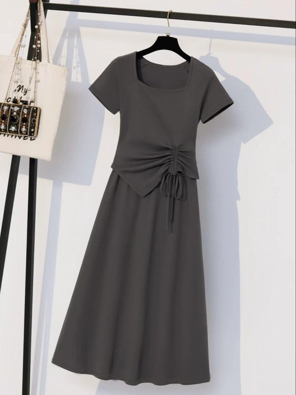 Japanese and korean lazy style asymmetrical square neck design gray dressfrenchclassy sense of wear long skirt suit