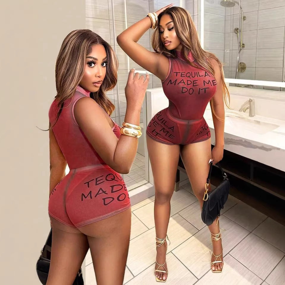 fashion  summer export fashion high collar printing letters sleeveless sexy jumpsuit shorts suit women