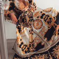 2025 cross-border evening gown: european and american print dress, v-neck pullover, vintage long sleeve, flared hem, slit maxi dress