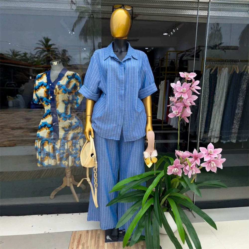 European and american cross-border women's fashion:  summer new collection - striped turn-down collar short-sleeve shirt and high-waisted wide-leg pants set