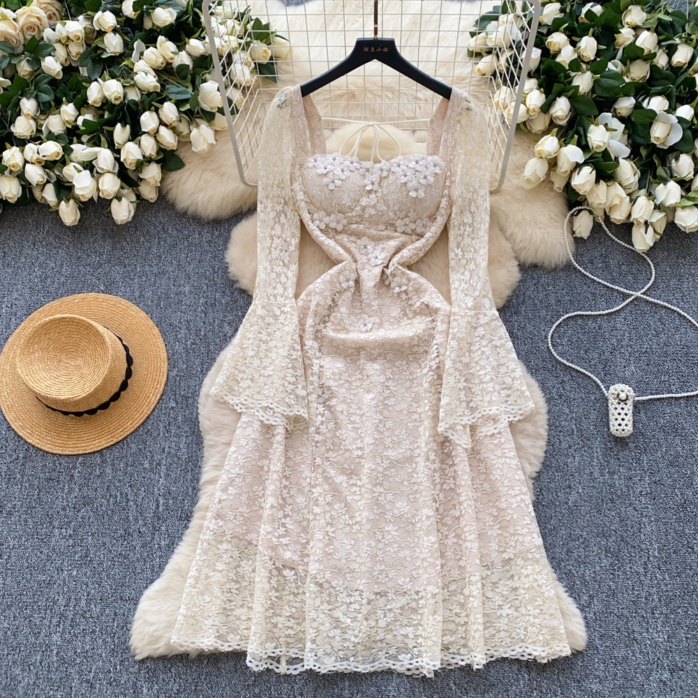 French chic, high-end, heavily embellished, 3d floral, square neck, flared sleeve, cinched waist, cutout lace dress - spring  collection