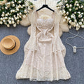 French chic, high-end, heavily embellished, 3d floral, square neck, flared sleeve, cinched waist, cutout lace dress - spring  collection