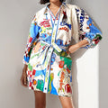 cross-border  women's clothing: summer new linen casual printed shirt cardigan tie-up dress for women