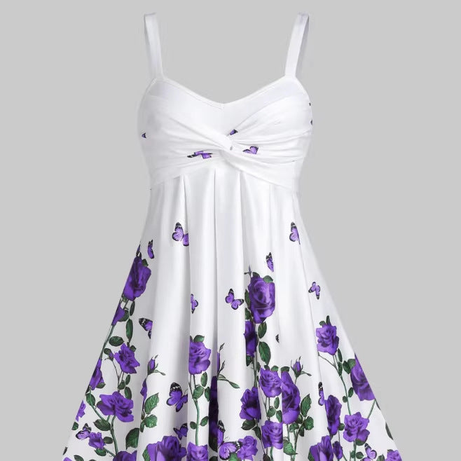 cross-border  european and american women's fashion 3d floral ruched waist dress