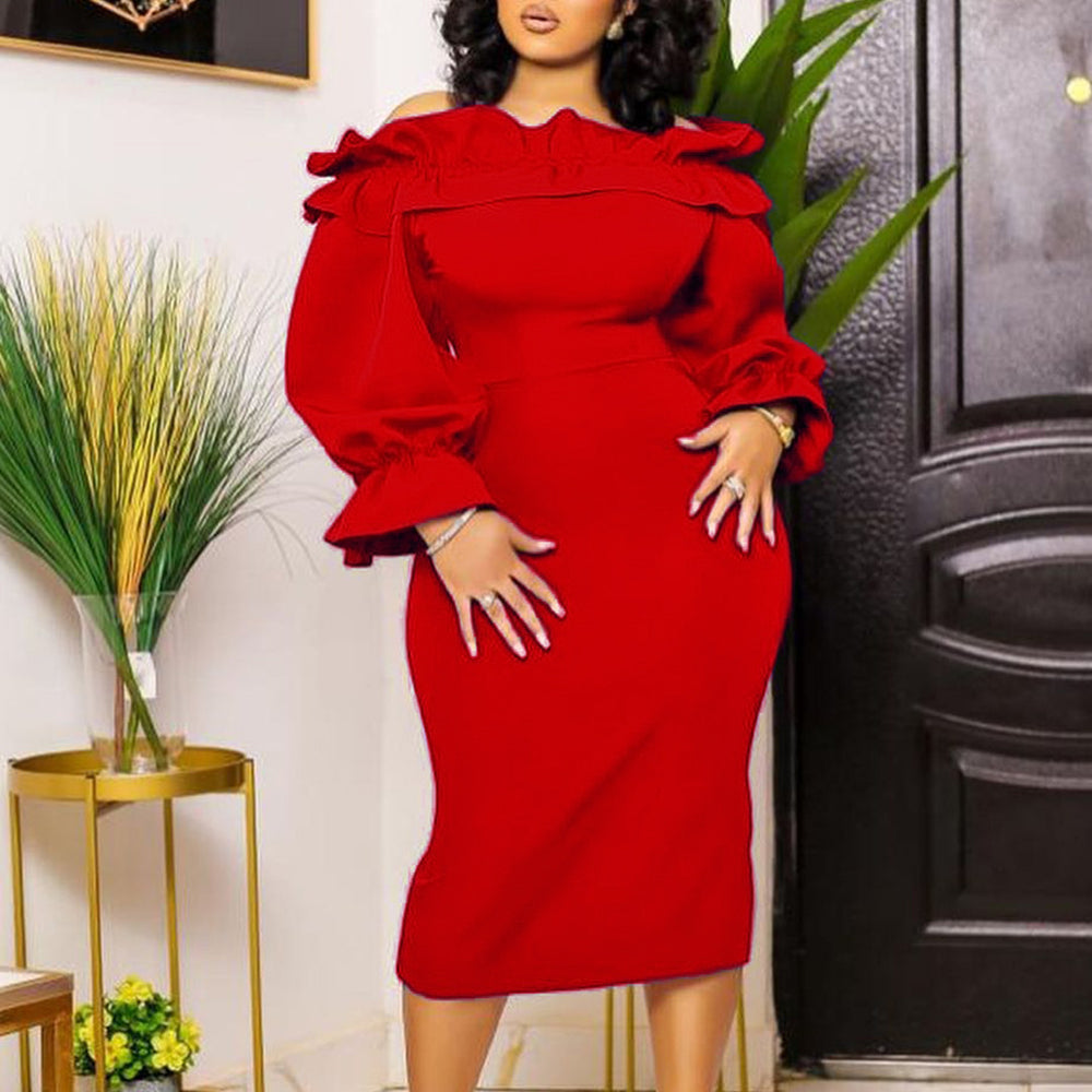 D3169 european and american style women's new autumn  off-the-shoulder long sleeve elegant slim-fit plus size export dress