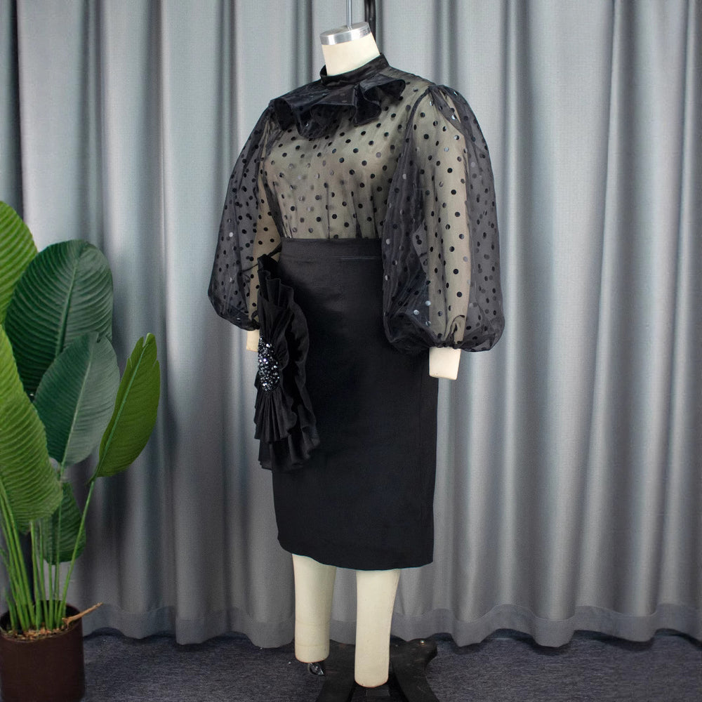 Sexy see-through polka dot mesh blouse suit stereo florals skirt two-piece set two-piece set