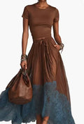 cross-border fashion: elegant & chic slim-fit short sleeve top with knitted mesh panel skirt two-piece set
