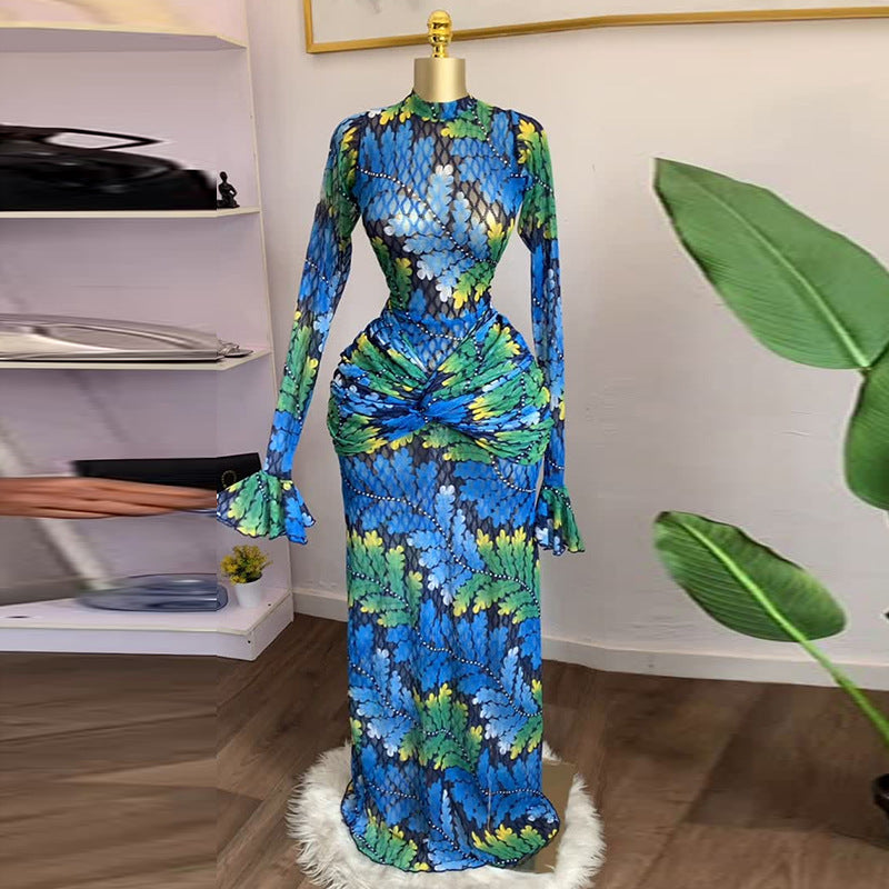 European and american women's clothing  autumn new collection: sweet and fresh printed mock neck long sleeve high waist slimming maxi dress