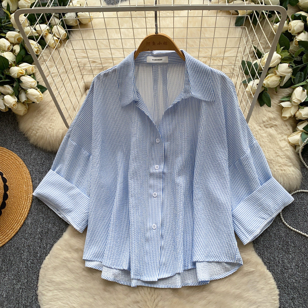 Korean style fashionable young lady shirt -  new arrival - versatile commute, casual, slimming long sleeve striped top for summer