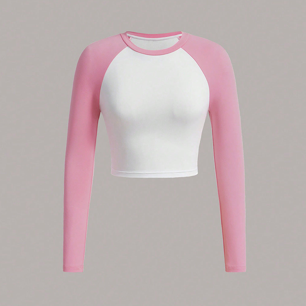 Cross-border European and American women's clothing 24 autumn and winter American Spice Girls long-sleeved t-shirt tight bottoming shirt contrasting color short pullover