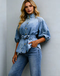 Fashion cross-border  foreign trade strap waist lantern sleeves nine-quarter sleeves easiest for matchretro denim shirt women's tops