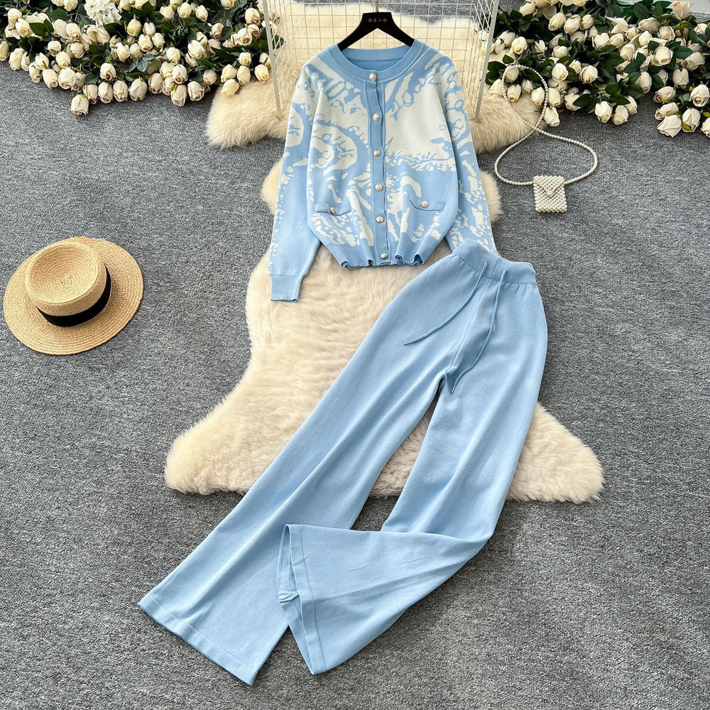 High-end fashionablecontrast colorprinting round neck long sleevesknittingcardigansweater women's high waistloose pantsautumsuit