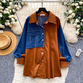 Trendy retro patchwork denim shirt for women - long sleeve, loose fit, cardigan style, versatile and chic top for autumn