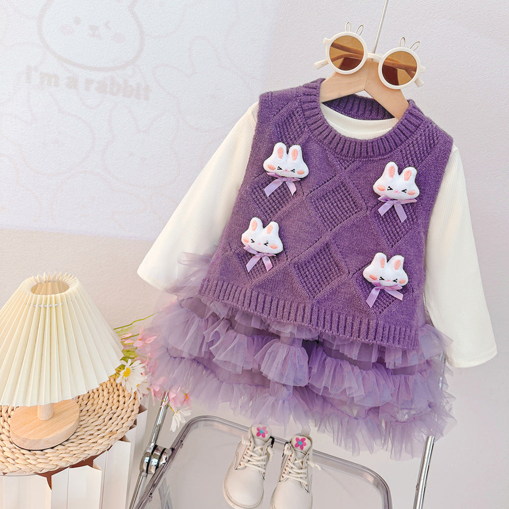Girls' princess dress  new korean style round neck vest mesh skirt set little girl birthday dress spring and autumn