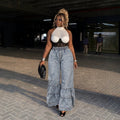 Fashionjeans women's elastic waist washed distressed rufflespatchworkloose pants export hot girl denim pants