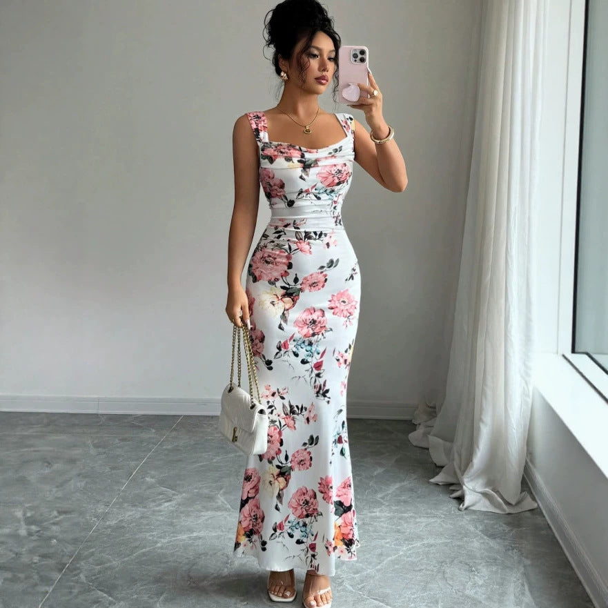 summer  cross-border e-commerce european and american women's fashion printed slim-fit slit backless camisole dress