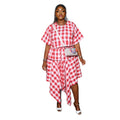 European and american cross-border women's fashion:  summer new collection - stylish round neck plaid cropped top and asymmetrical midi skirt set