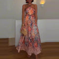 women's summer new arrivals:  cross-border fashion - elegant casual halter neck printed backless cropped maxi dress