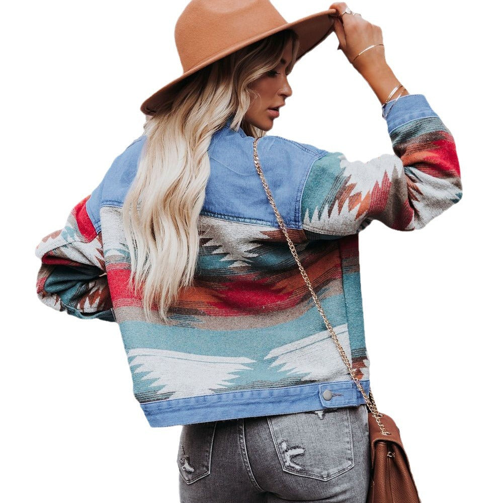 European and american cross-border e-commerce women's apparel:  independent store autumn new arrival - washed color block denim jacket, cropped top