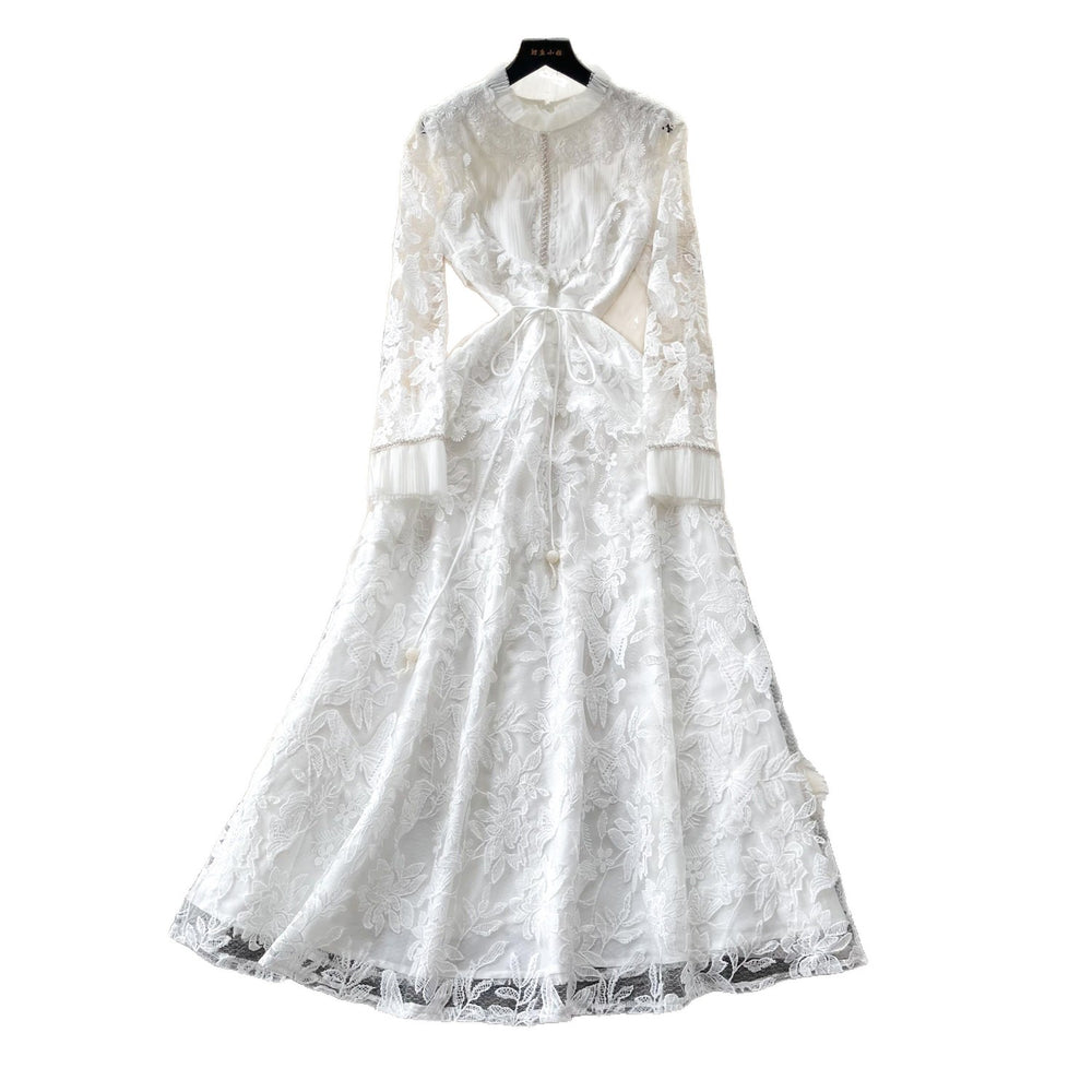 Korean style lace design elegant dress - women's summer long sleeve slim fit a-line dress - chic, professional, and high-end