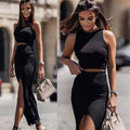 European and american style women's summer  new arrival: solid color slim-fit two-piece set - tank top and mini skirt with slit detail