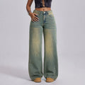 Fashionjeans women's yellow mud distressed gradient washed high waist wide leg mop pants cross-border loose denim pants