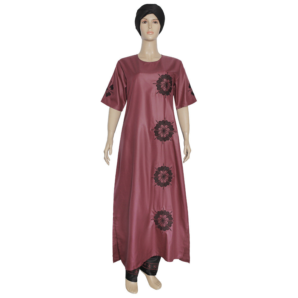 Wholesale   two-piece set short sleeve matte fabric dress with headscarf maxi dress plus size women's