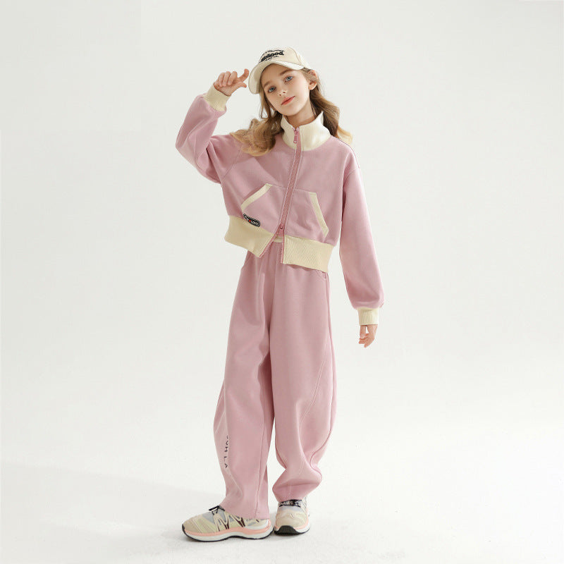Girls' autumn casual two-piece set:  spring/autumn new arrival, versatile and stylish stand collar jacket with loose-fit pants, autumn outfit