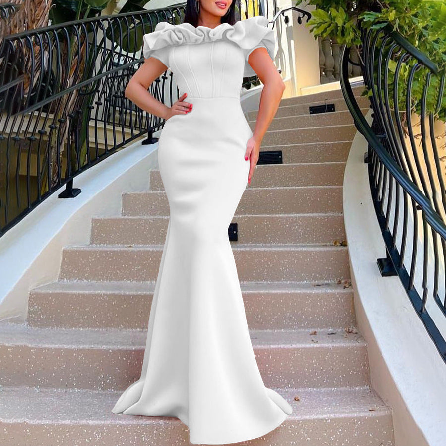 C8519 cross-border  fashion women's summer solid color off-the-shoulder mermaid maxi dress - export evening gown