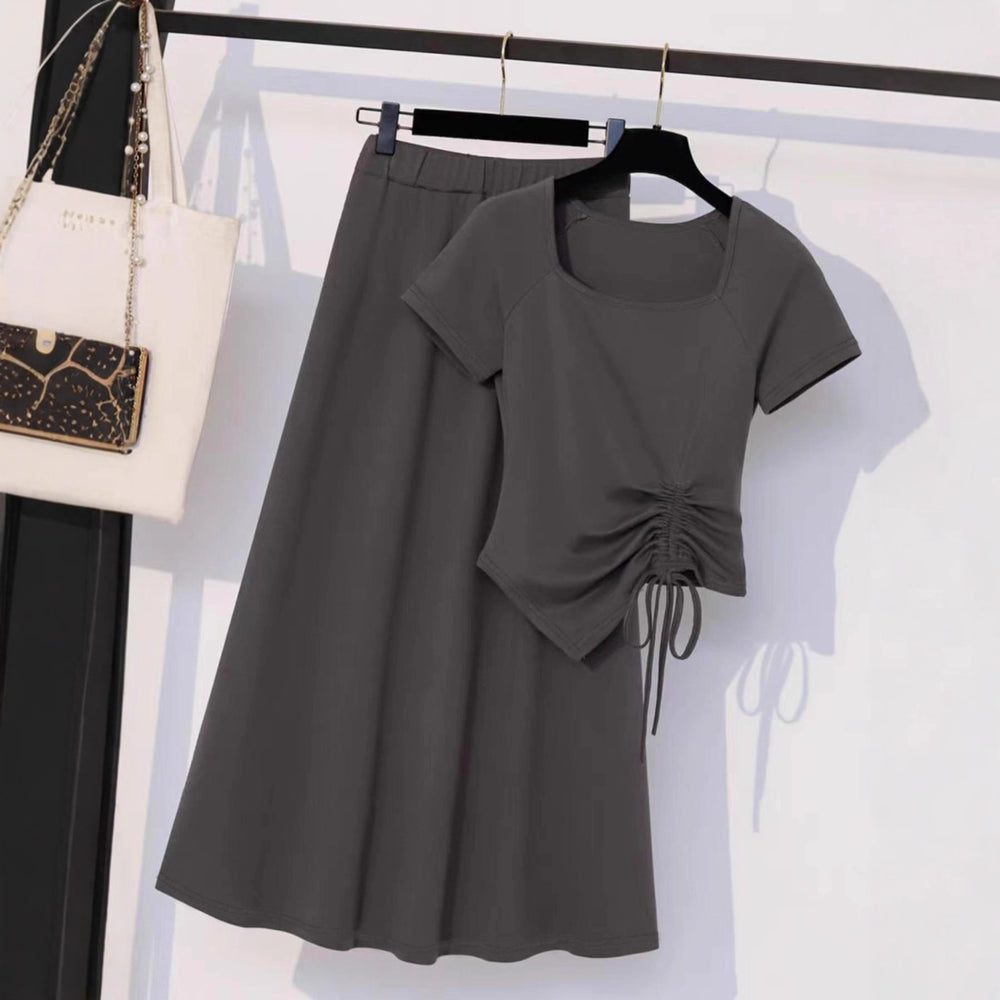 Japanese and korean lazy style asymmetrical square neck design gray dressfrenchclassy sense of wear long skirt suit