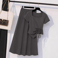 Japanese and korean lazy style asymmetrical square neck design gray dressfrenchclassy sense of wear long skirt suit