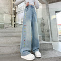 Girls' colorful bowknot denim jeans -  spring new style - stylish straight-leg pants for kids - loose, floor-length trousers for mid-to-large children