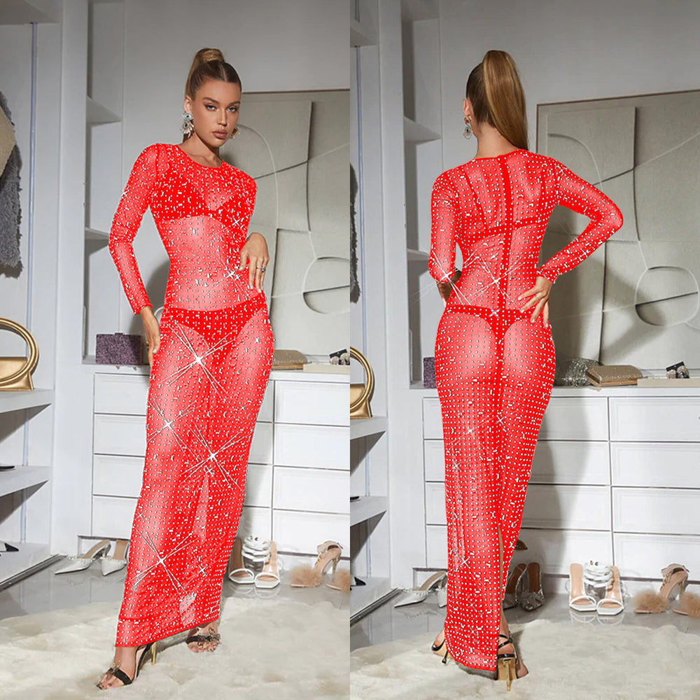 C6505 cross-border   fashion women's solid color mesh rhinestone long sleeve maxi dress