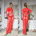 C6505 cross-border   fashion women's solid color mesh rhinestone long sleeve maxi dress