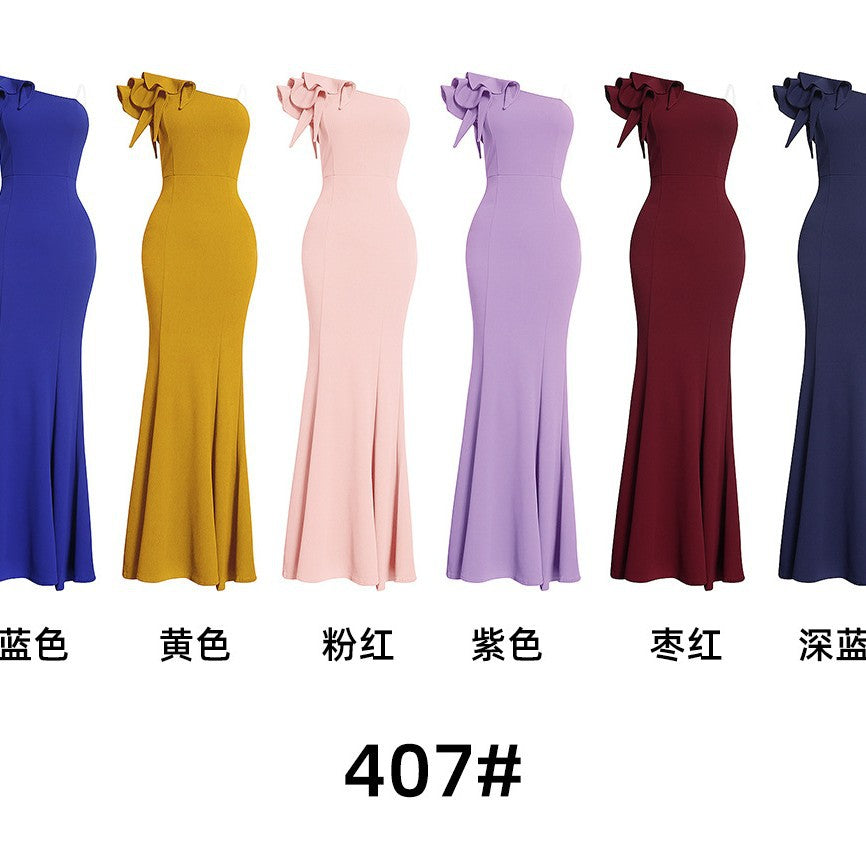 e-commerce solid color asymmetrical bust-enhancing dress, european and american/african women's sexy cocktail party evening gown